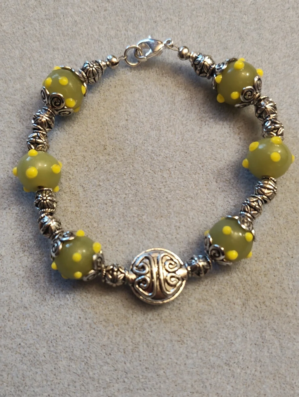 Handcrafted Green With Yellow Polka-Dot Lamp Work Bead Bracelet